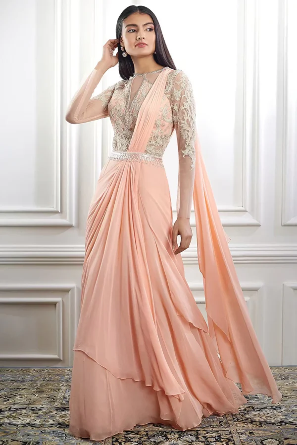 Georgette Salmon Peach Indo-Western Saree