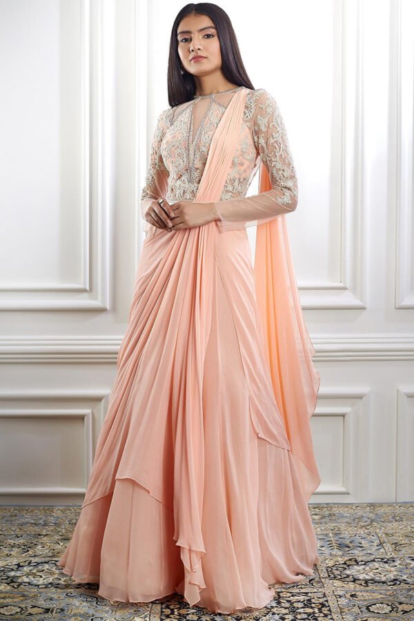 Georgette Salmon Peach Indo-Western Saree - Image 2