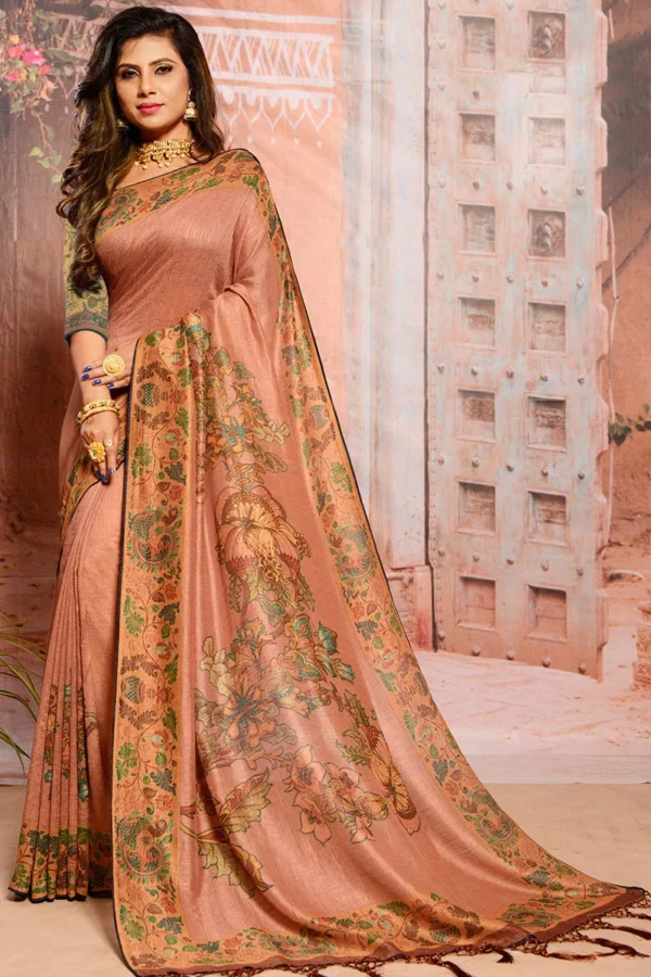 Dusty Peach Raw Silk Saree With Raw Silk Blouse