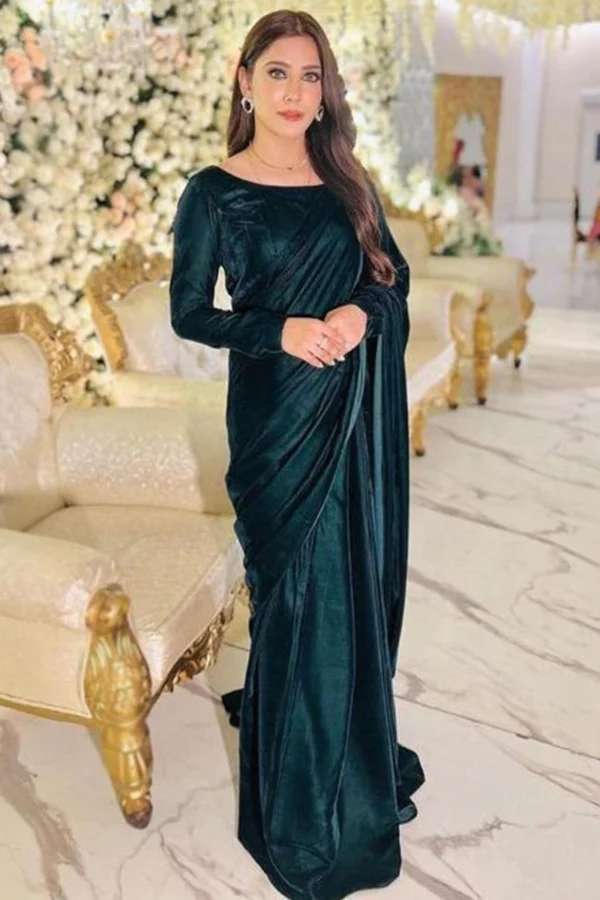 Plain Velvet Teal Green Wedding Saree