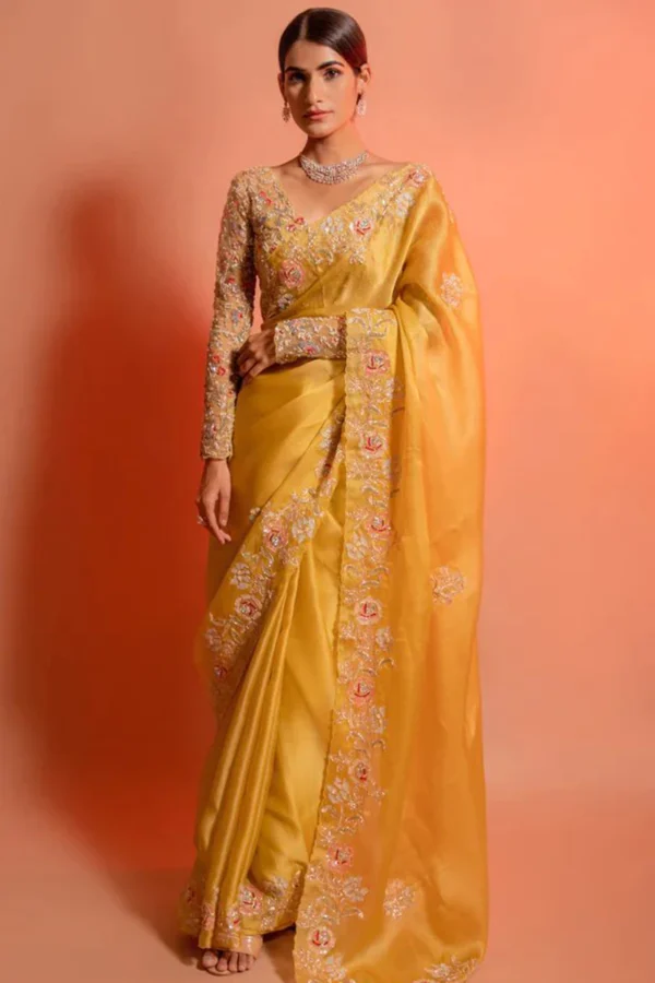 Turmeric Yellow Organza Embroidered Fancy Saree