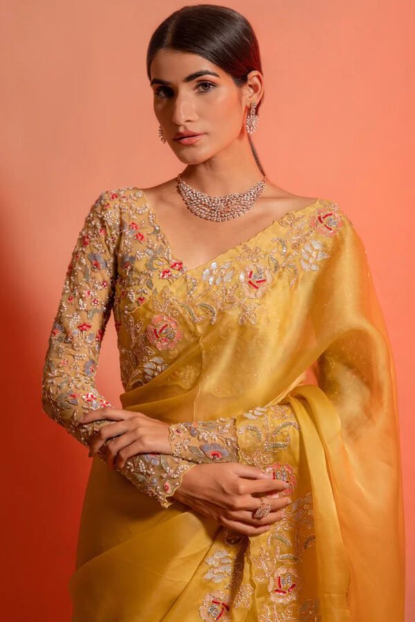 Turmeric Yellow Organza Embroidered Fancy Saree - Image 2